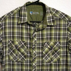 Kuhl Shirt Mens Medium Short Sleeve Snap Button Eluxur Green Black White Stripes